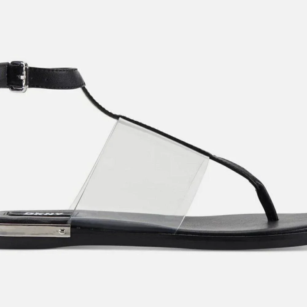 DKNY Ava Ankle T-Strap Thong Sandals Women's 6 Black Clear Minimalist Modern‎